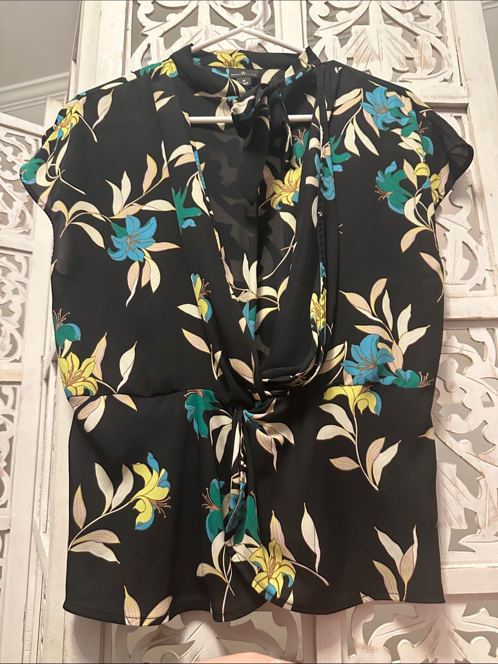 Floral Tie-Neck Black Women's Blouse - Teal & Yellow